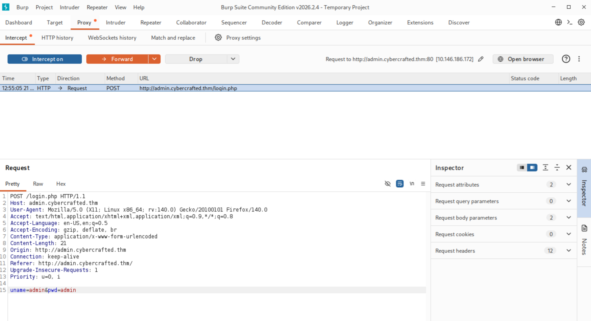 Burp intercepting login POST to admin subdomain